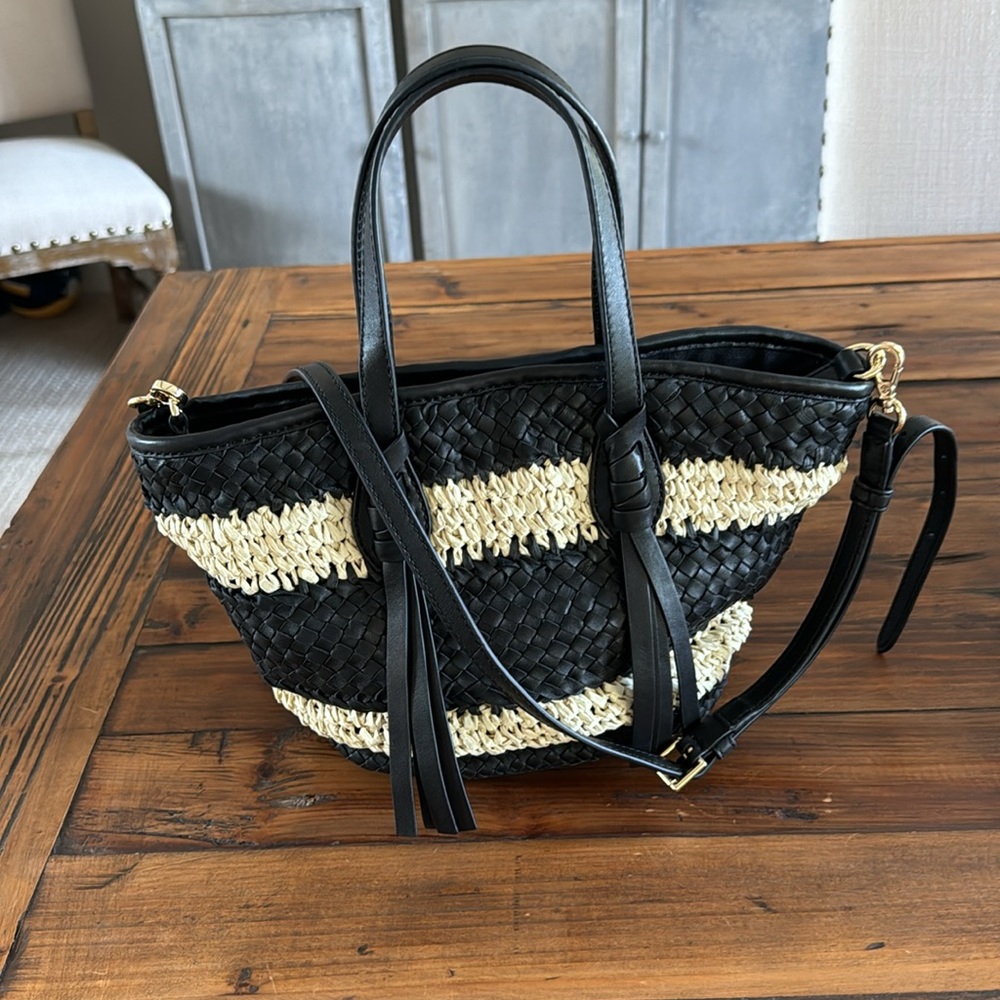 Woven Straw Accent Black Mini Tote - Picture 4 of 6